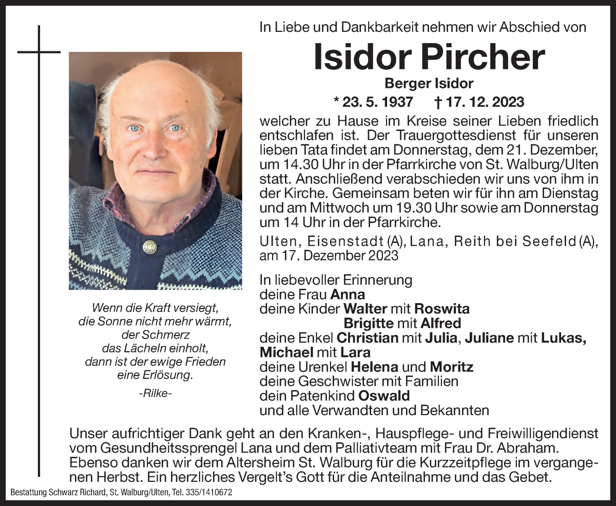 Traueranzeige für Isidor Pircher vom 19.12.2023 aus Dolomiten