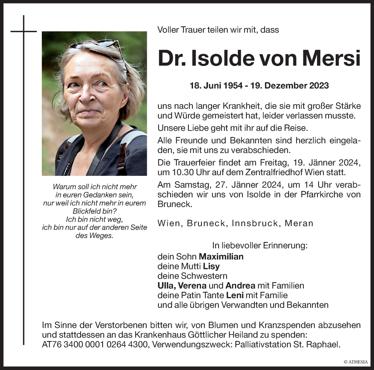  Traueranzeige für Isolde von Mersi vom 29.12.2023 aus Dolomiten
