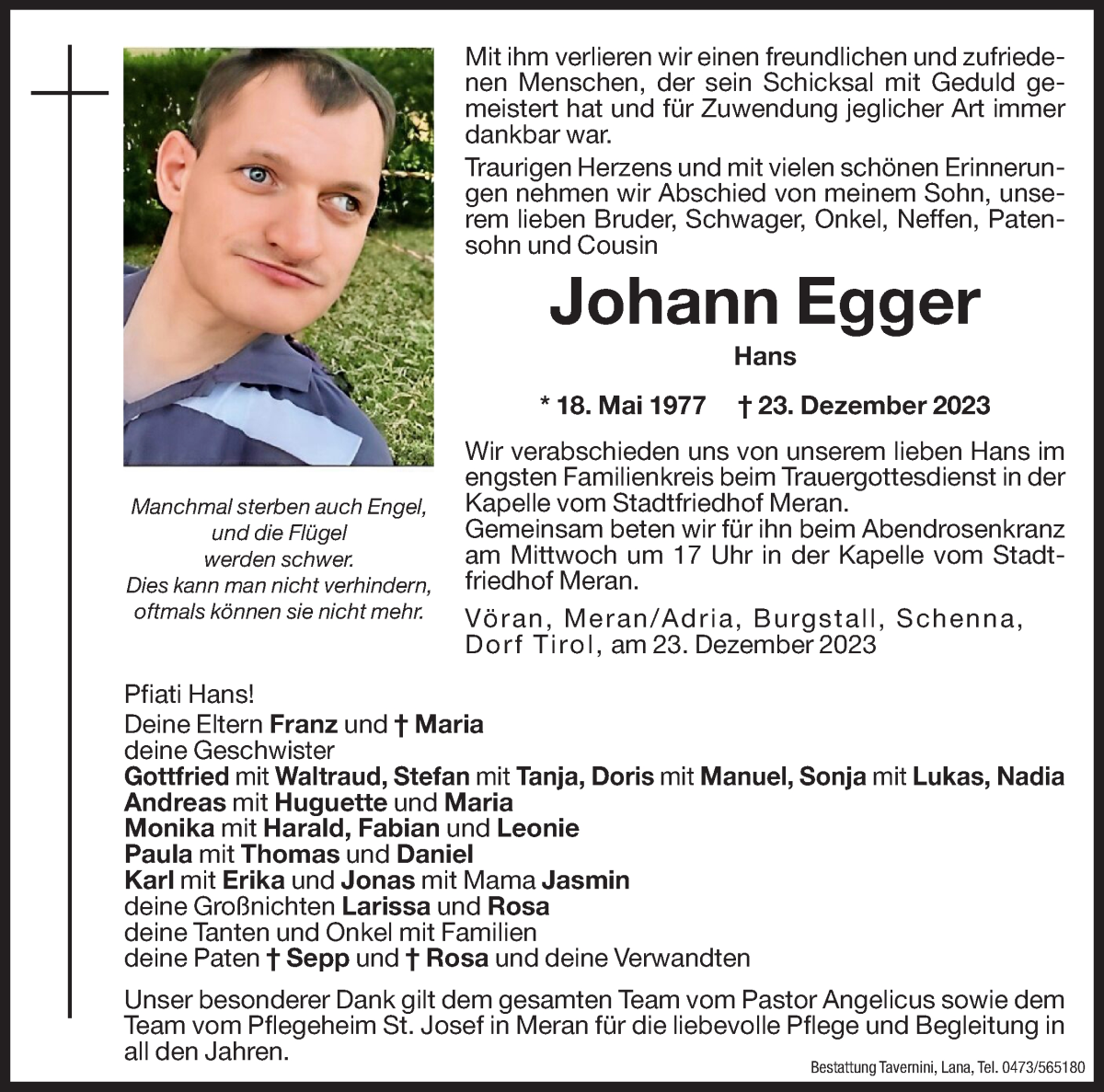  Traueranzeige für Johann Egger vom 27.12.2023 aus Dolomiten
