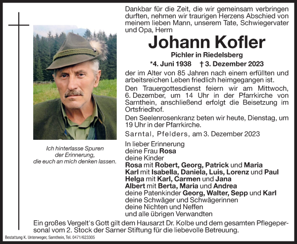 Traueranzeige von Johann Kofler von Dolomiten