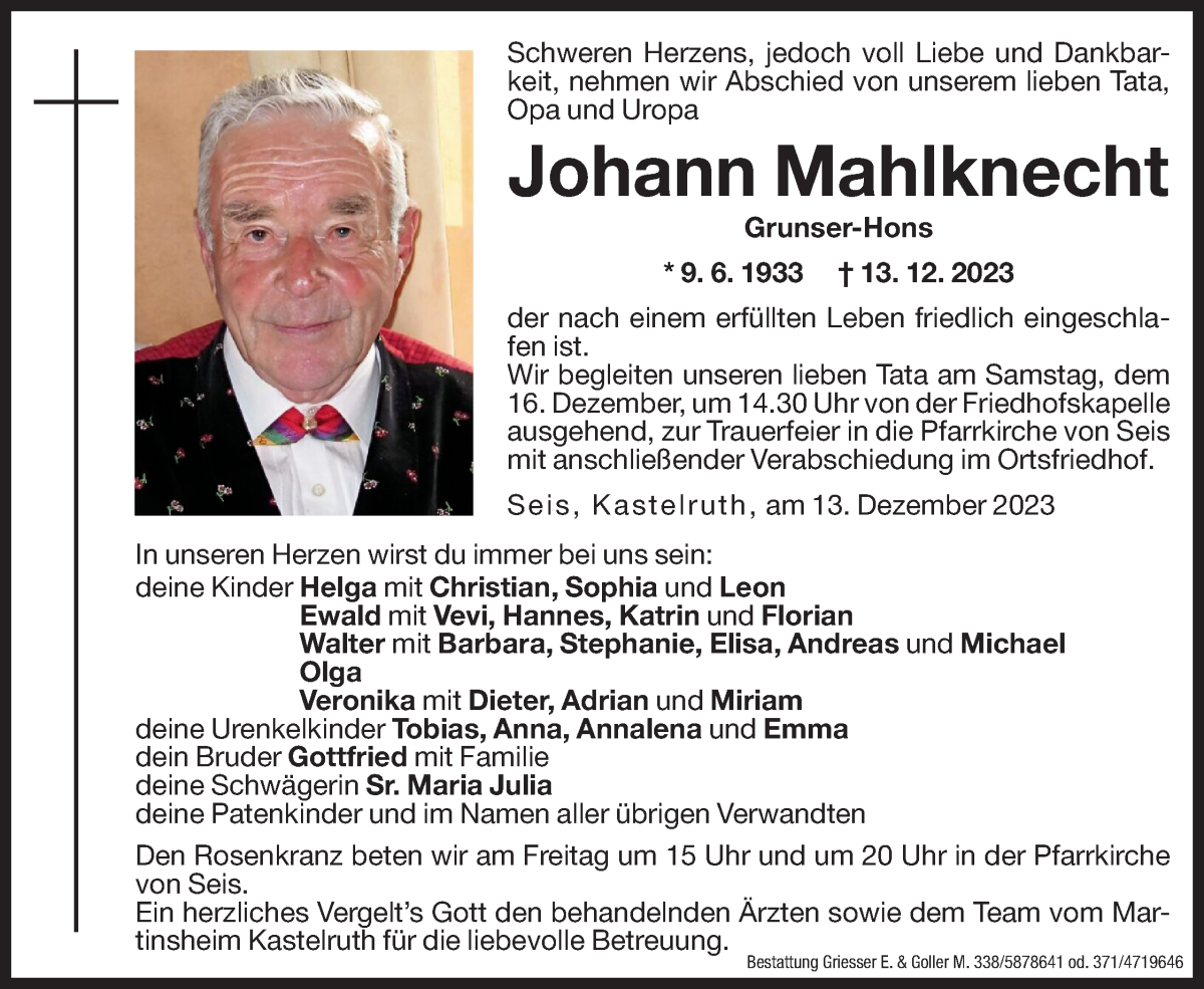  Traueranzeige für Johann Mahlknecht vom 15.12.2023 aus Dolomiten
