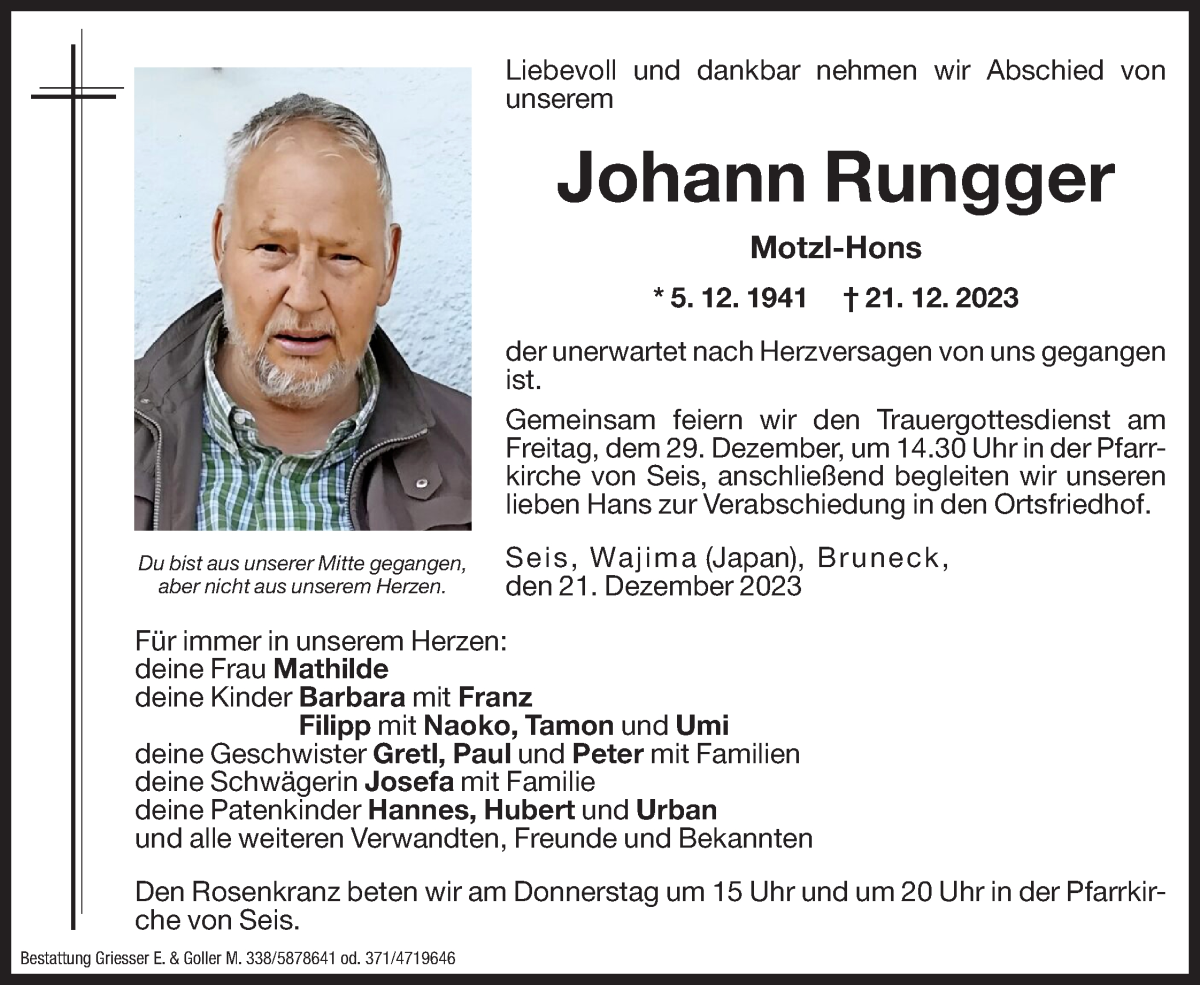  Traueranzeige für Johann Rungger vom 27.12.2023 aus Dolomiten
