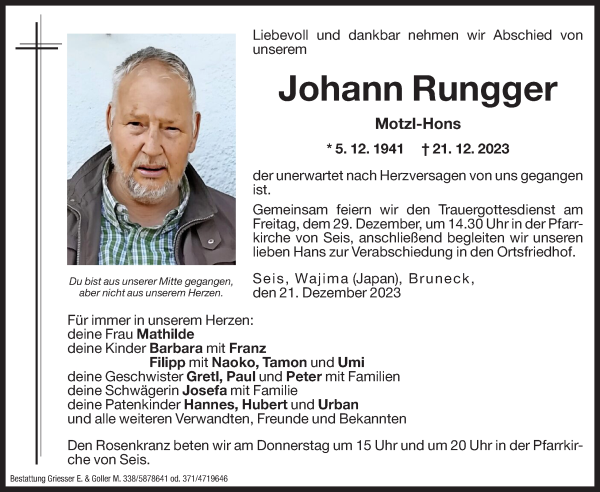 Traueranzeige von Johann Rungger von Dolomiten