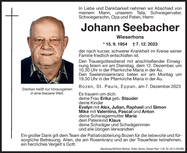 Traueranzeige von Johann Seebacher von Dolomiten