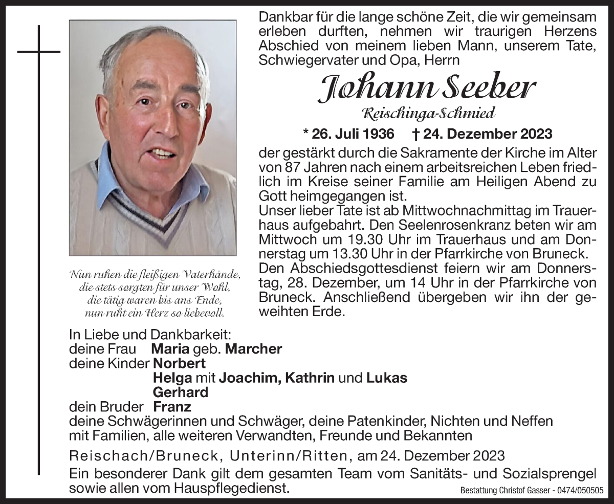  Traueranzeige für Johann Seeber vom 27.12.2023 aus Dolomiten