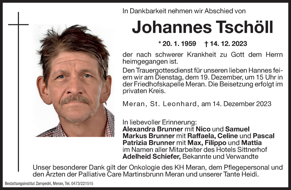  Traueranzeige für Johannes Tschöll vom 16.12.2023 aus Dolomiten