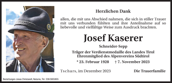 Traueranzeige von Josef Kaserer von Dolomiten