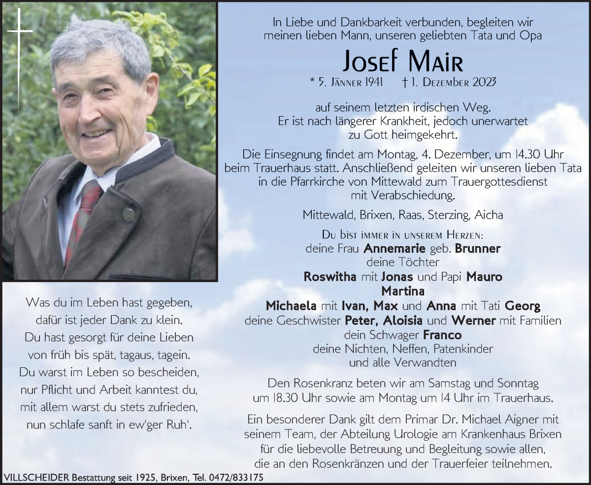  Traueranzeige für Josef Mair vom 02.12.2023 aus Dolomiten