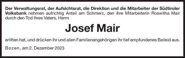 Traueranzeige von Josef Mair von Dolomiten