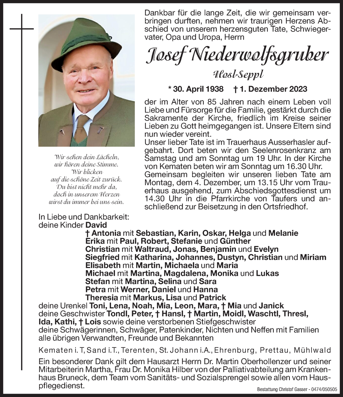  Traueranzeige für Josef Niederwolfsgruber vom 02.12.2023 aus Dolomiten