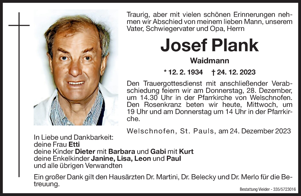  Traueranzeige für Josef Plank vom 27.12.2023 aus Dolomiten