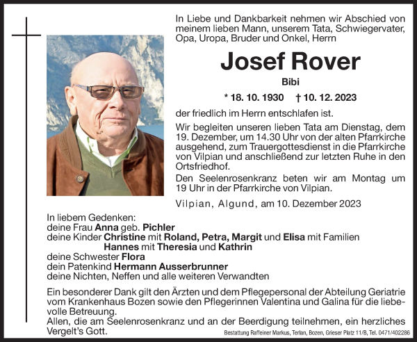 Traueranzeige von Josef Rover von Dolomiten