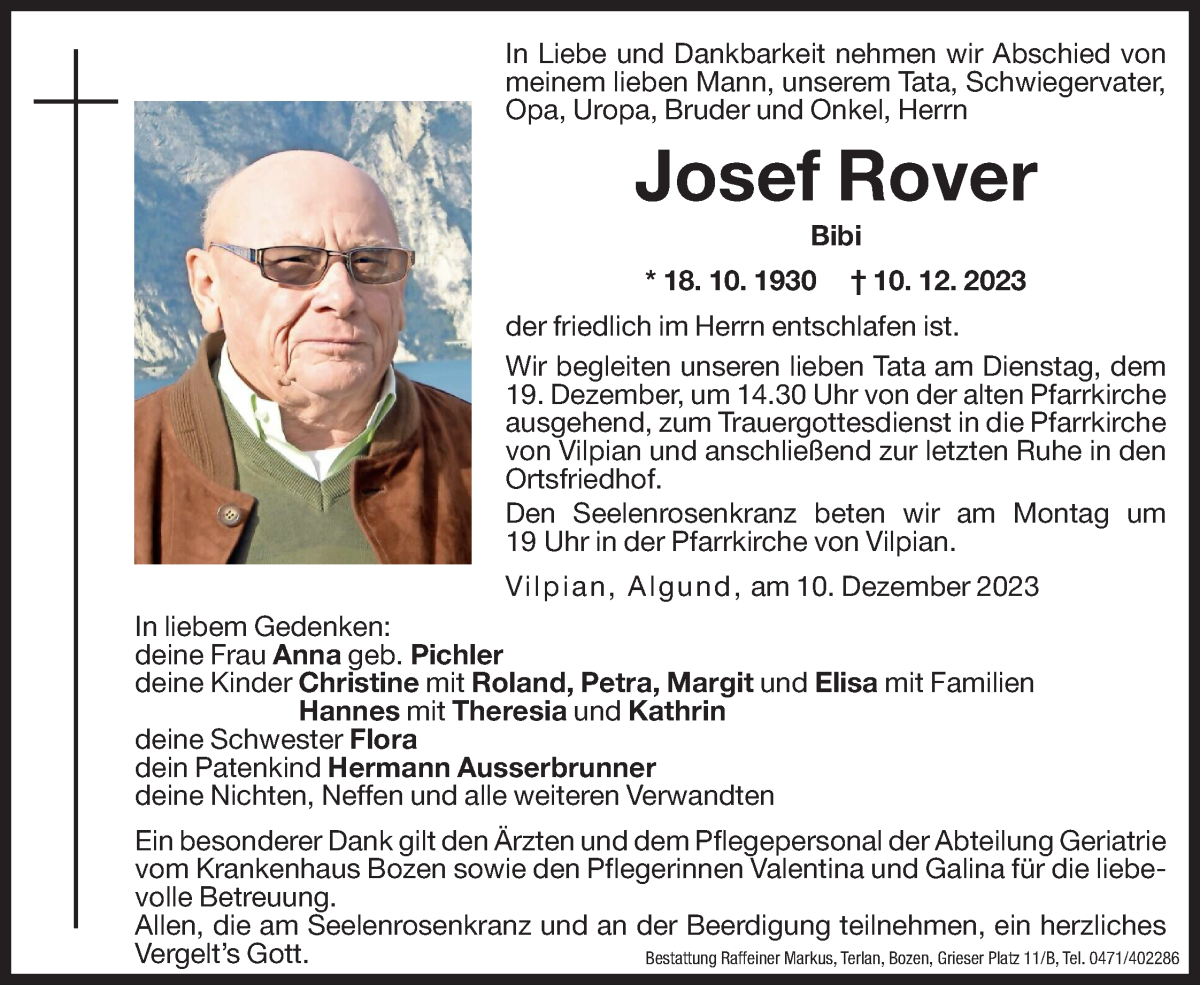  Traueranzeige für Josef Rover vom 16.12.2023 aus Dolomiten