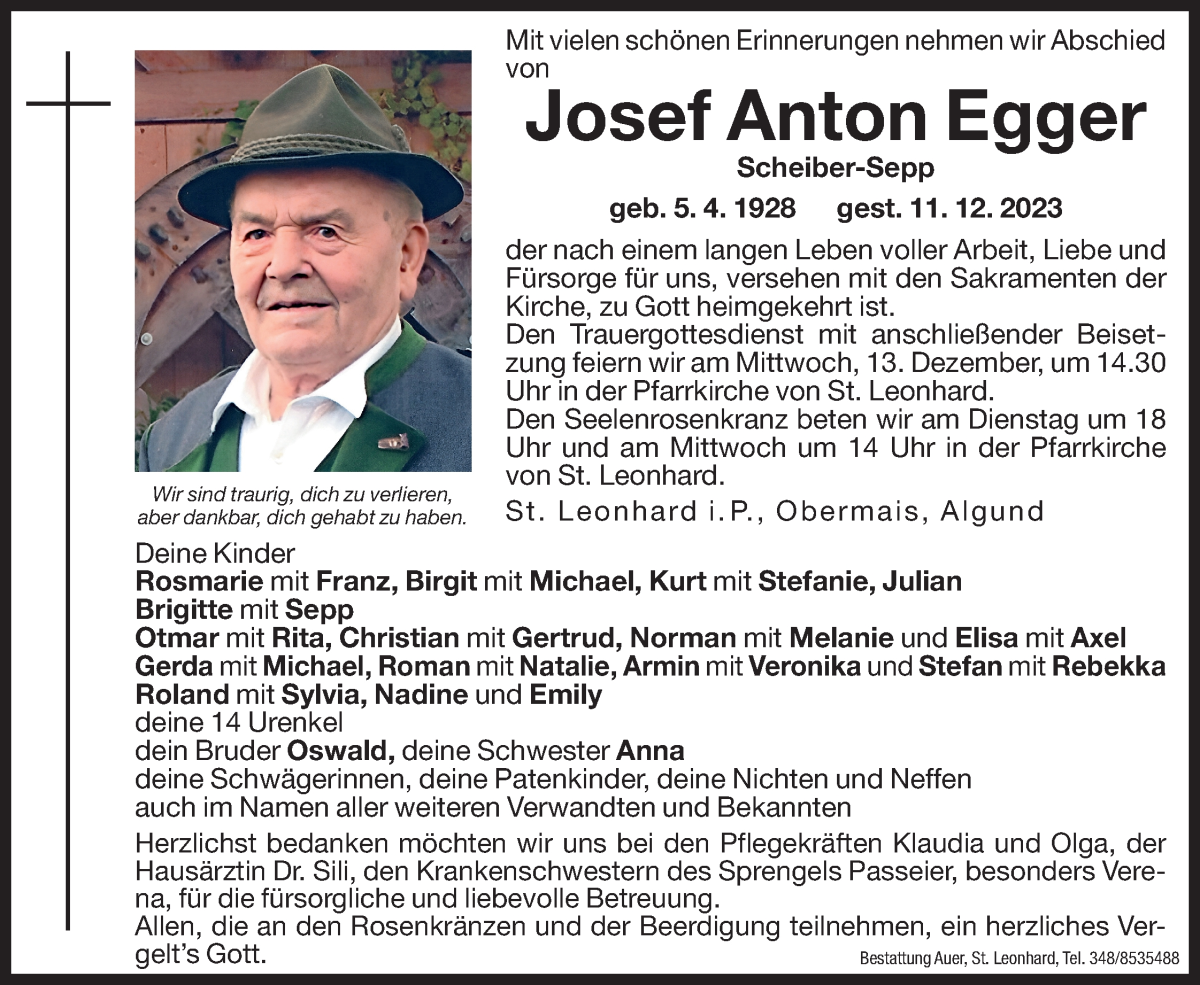  Traueranzeige für Josef Anton Egger vom 12.12.2023 aus Dolomiten