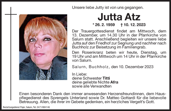 Traueranzeige von Jutta Atz von Dolomiten