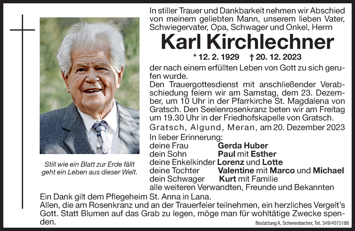  Traueranzeige für Karl Kirchlechner vom 21.12.2023 aus Dolomiten