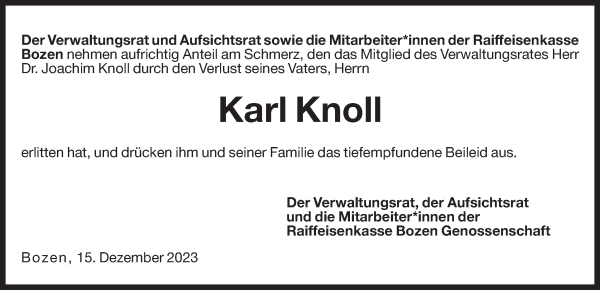 Traueranzeige von Karl Knoll von Dolomiten