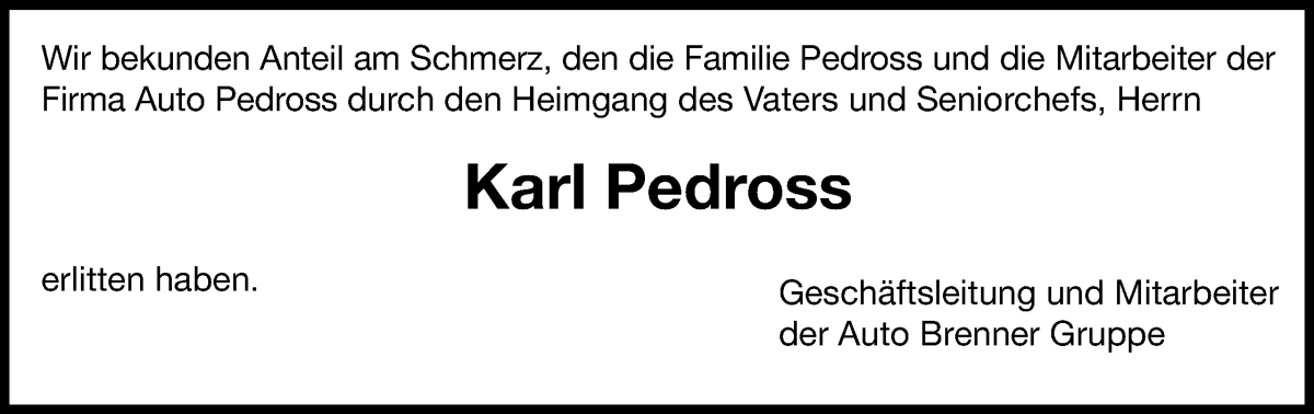  Traueranzeige für Karl Pedross vom 12.12.2023 aus Dolomiten