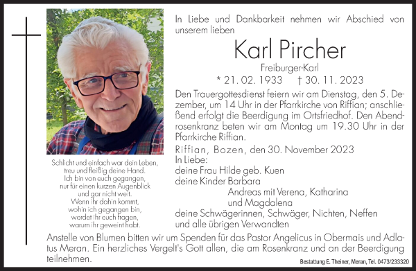 Traueranzeige von Karl Pircher von Dolomiten