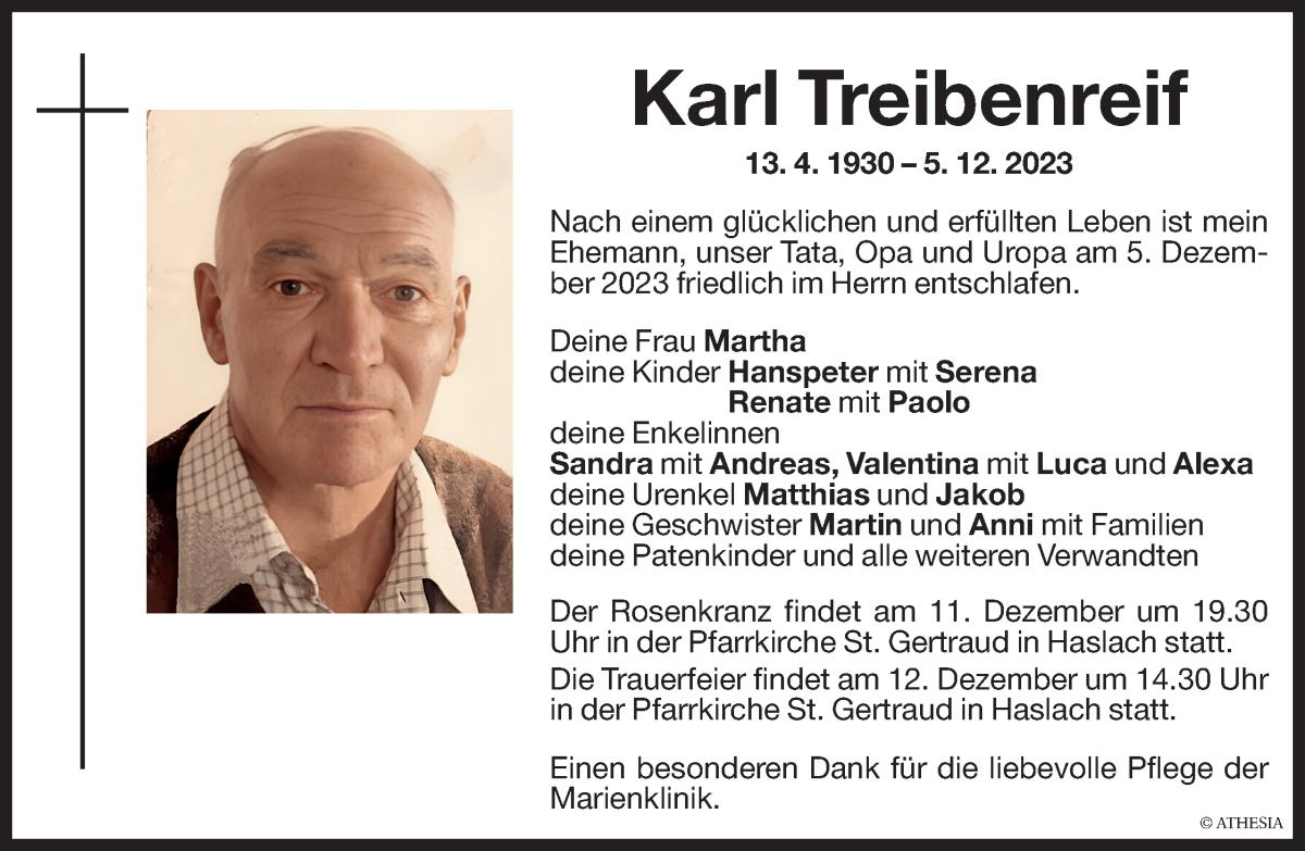  Traueranzeige für Karl Treibenreif vom 09.12.2023 aus Dolomiten