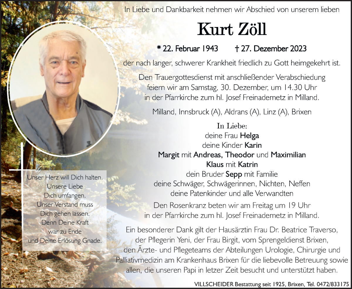  Traueranzeige für Kurt Zöll vom 29.12.2023 aus Dolomiten