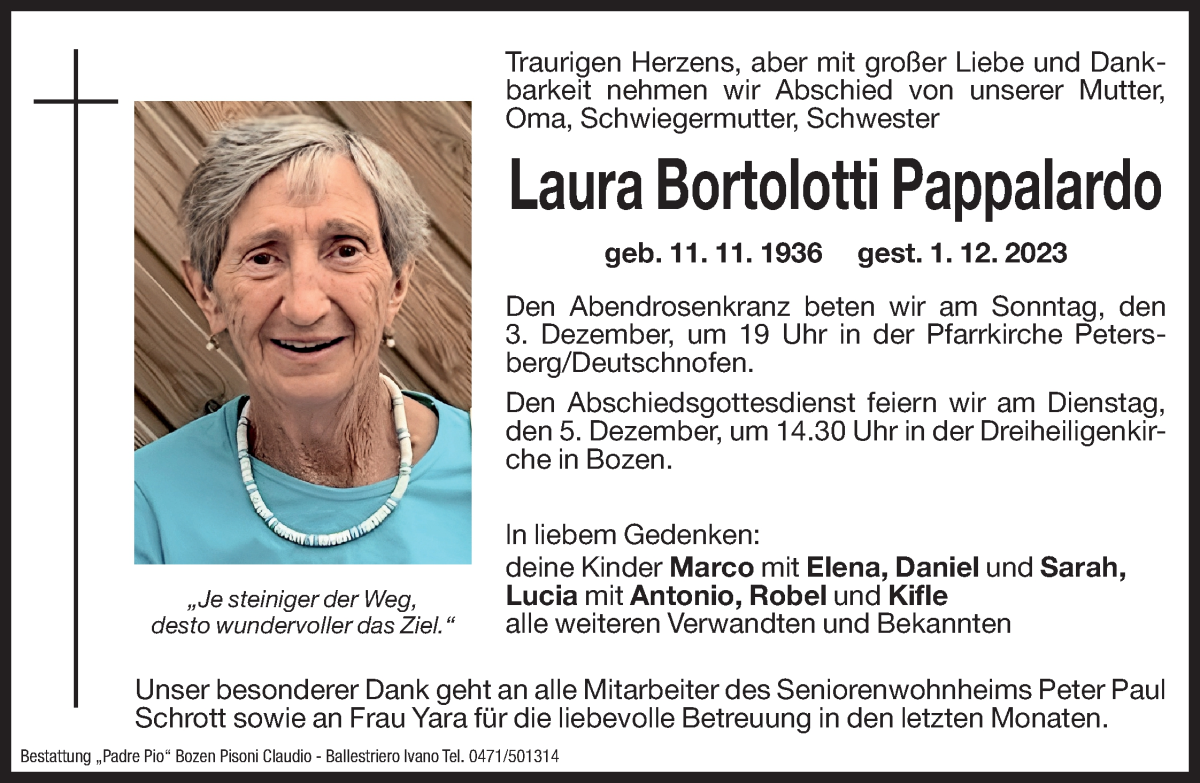  Traueranzeige für Laura Pappalardo vom 02.12.2023 aus Dolomiten