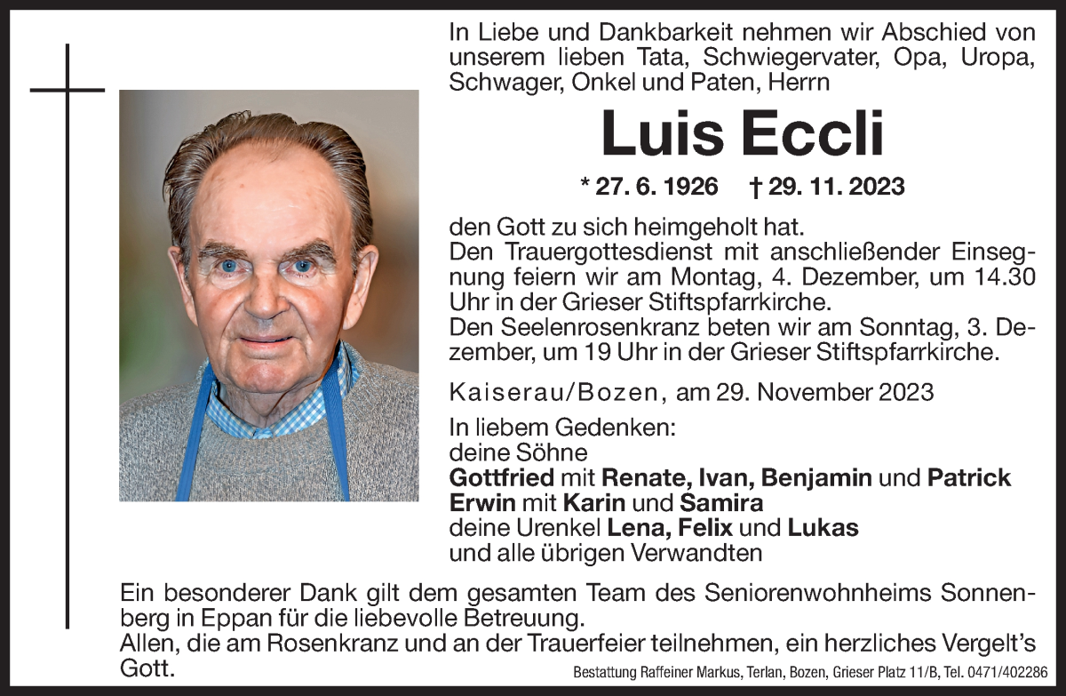  Traueranzeige für Luis Eccli vom 01.12.2023 aus Dolomiten
