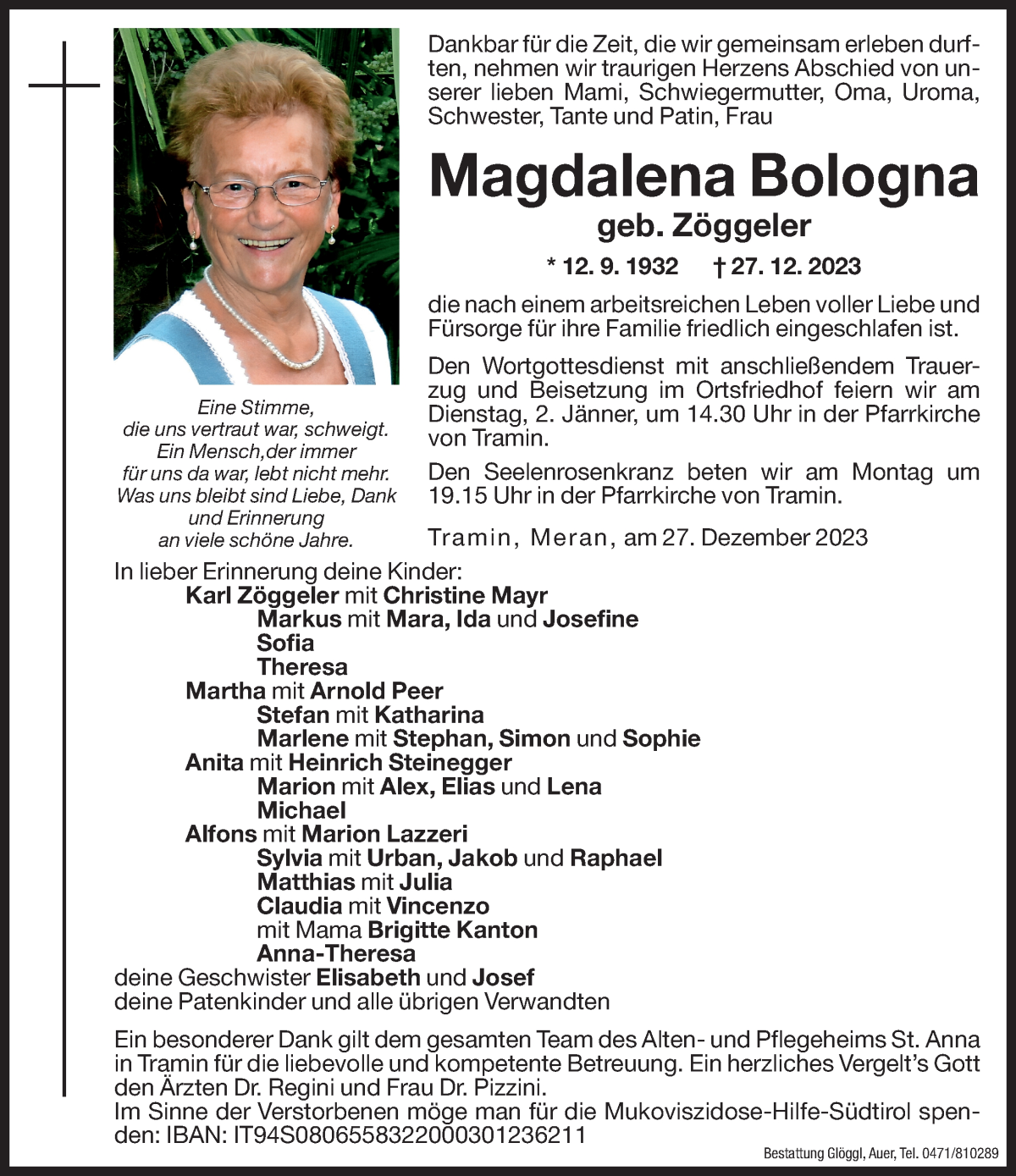  Traueranzeige für Magdalena Bologna vom 29.12.2023 aus Dolomiten