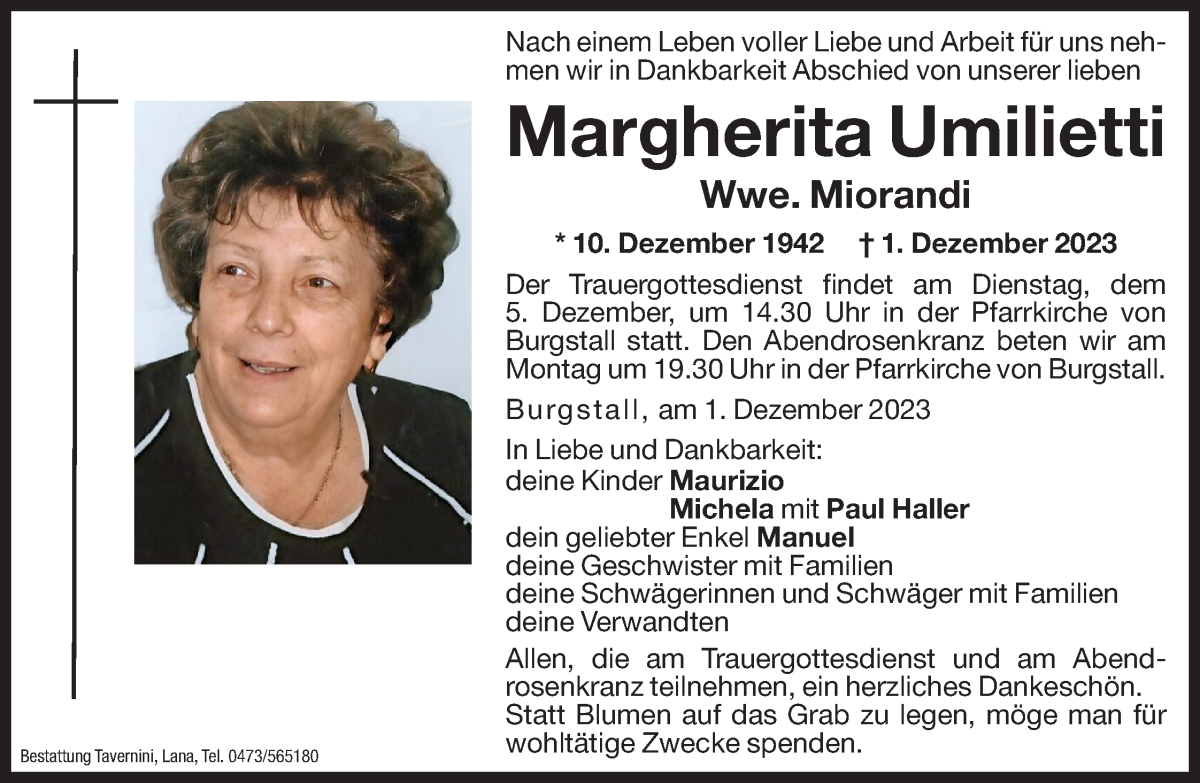  Traueranzeige für Margherita Miorandi vom 04.12.2023 aus Dolomiten