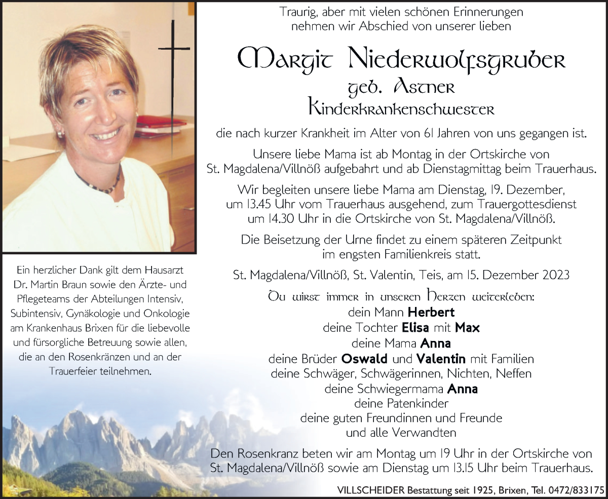  Traueranzeige für Margit Niederwolfsgruber vom 16.12.2023 aus Dolomiten