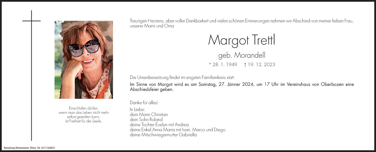  Traueranzeige für Margot Trettl vom 20.12.2023 aus Dolomiten