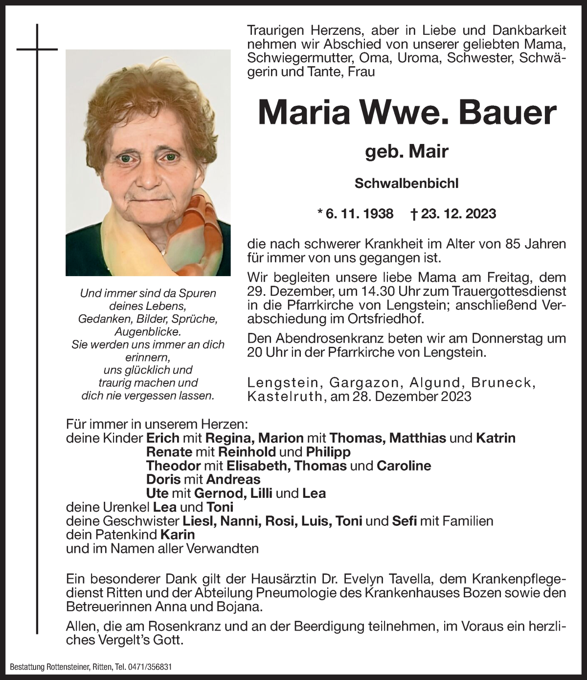  Traueranzeige für Maria Bauer vom 28.12.2023 aus Dolomiten