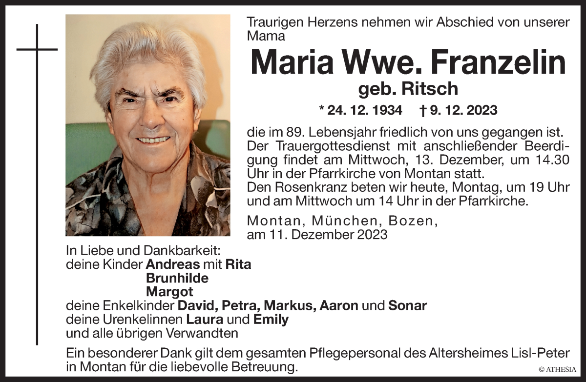  Traueranzeige für Maria Franzelin vom 11.12.2023 aus Dolomiten