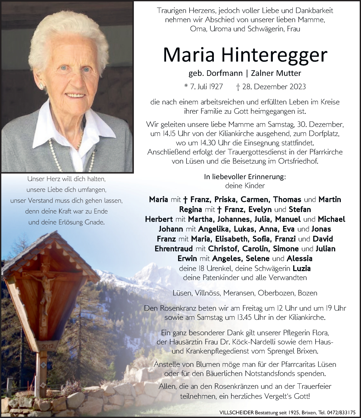  Traueranzeige für Maria Hinteregger vom 29.12.2023 aus Dolomiten