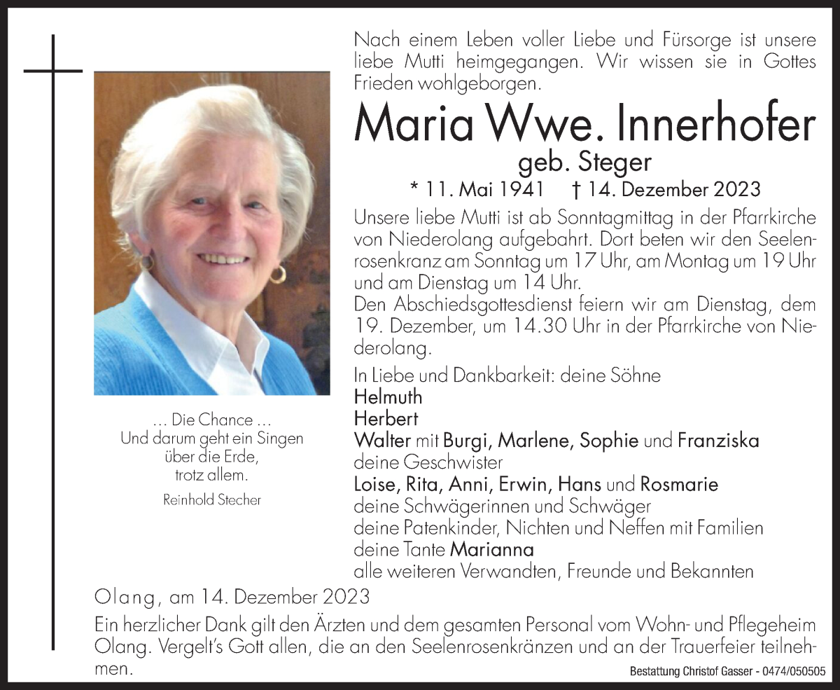 Traueranzeige für Maria Innerhofer vom 16.12.2023 aus Dolomiten