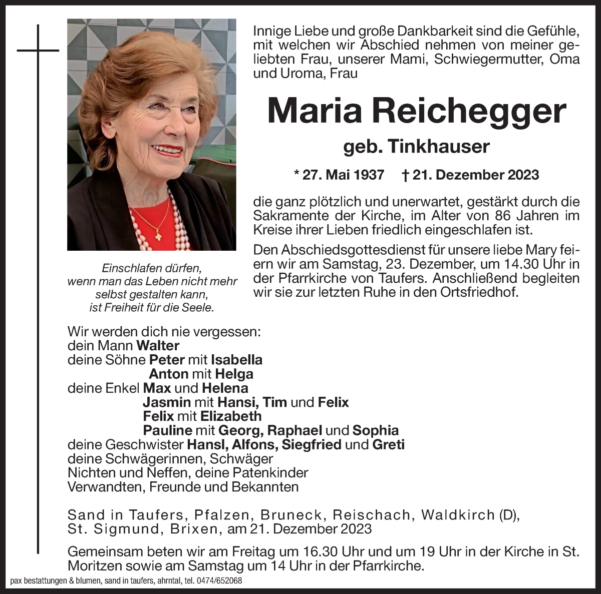  Traueranzeige für Maria Reichegger vom 22.12.2023 aus Dolomiten