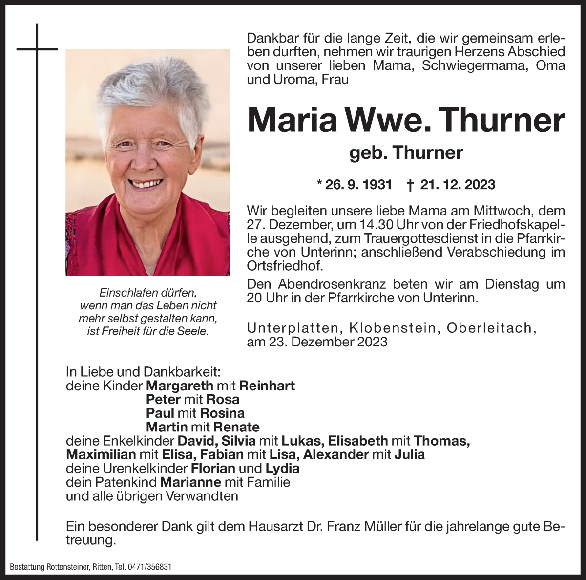  Traueranzeige für Maria Thurner vom 23.12.2023 aus Dolomiten