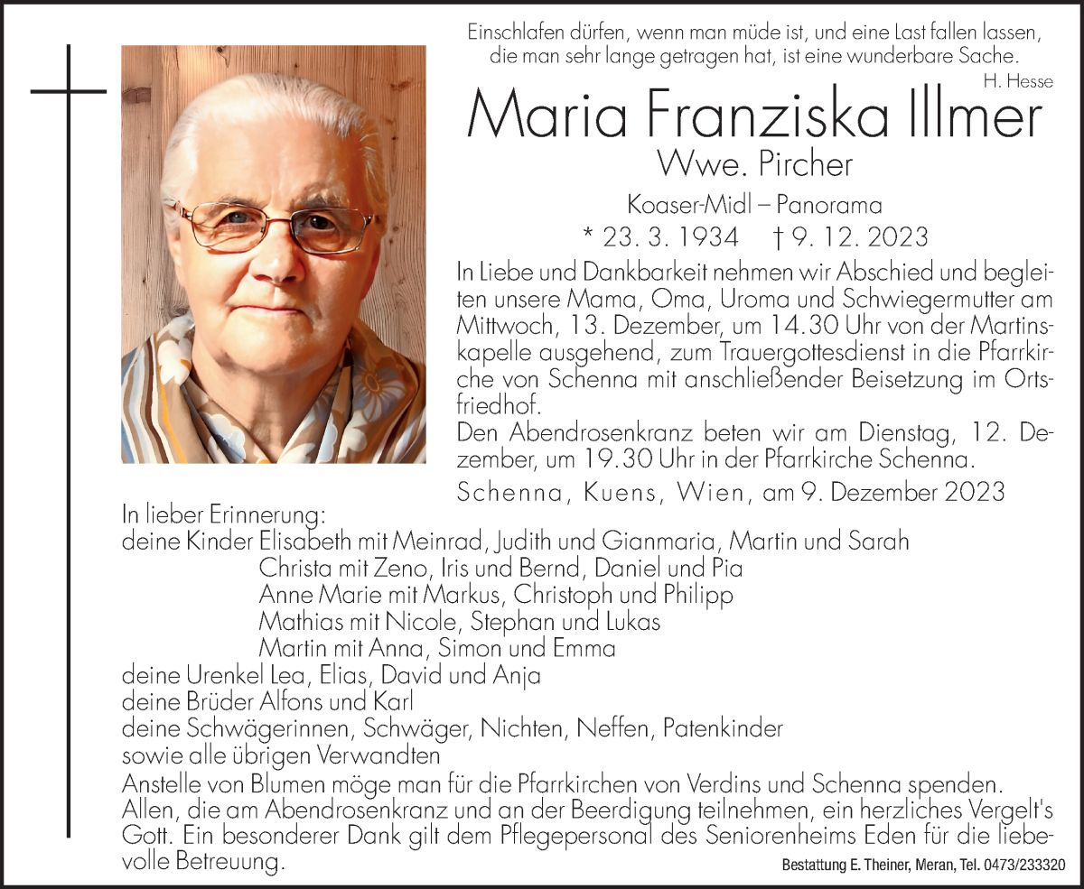  Traueranzeige für Maria Franziska Pircher vom 11.12.2023 aus Dolomiten