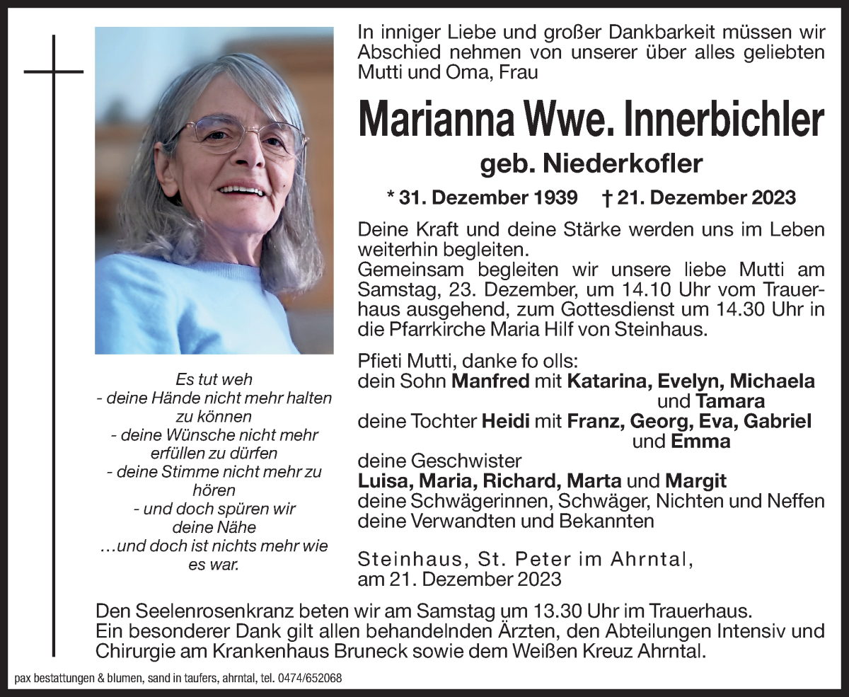  Traueranzeige für Marianna Innerbichler vom 23.12.2023 aus Dolomiten