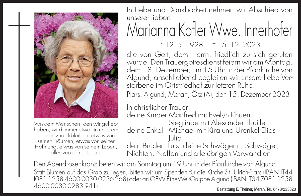  Traueranzeige für Marianna Innerhofer vom 16.12.2023 aus Dolomiten