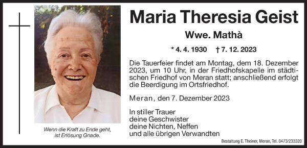 Traueranzeige von Maria Theresia Mathà von Dolomiten