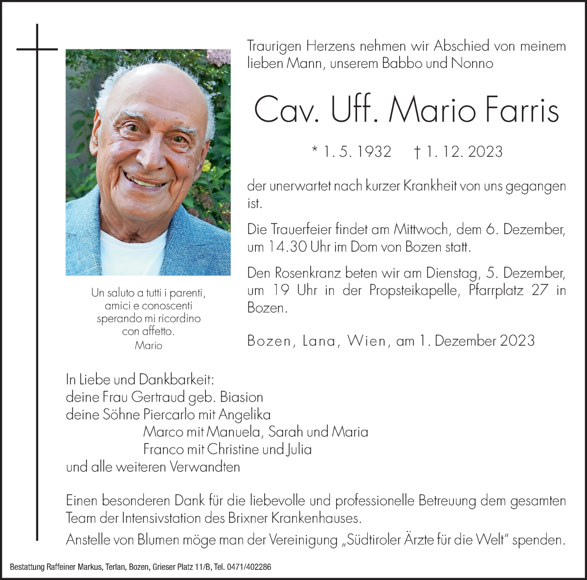  Traueranzeige für Mario Farris vom 02.12.2023 aus Dolomiten
