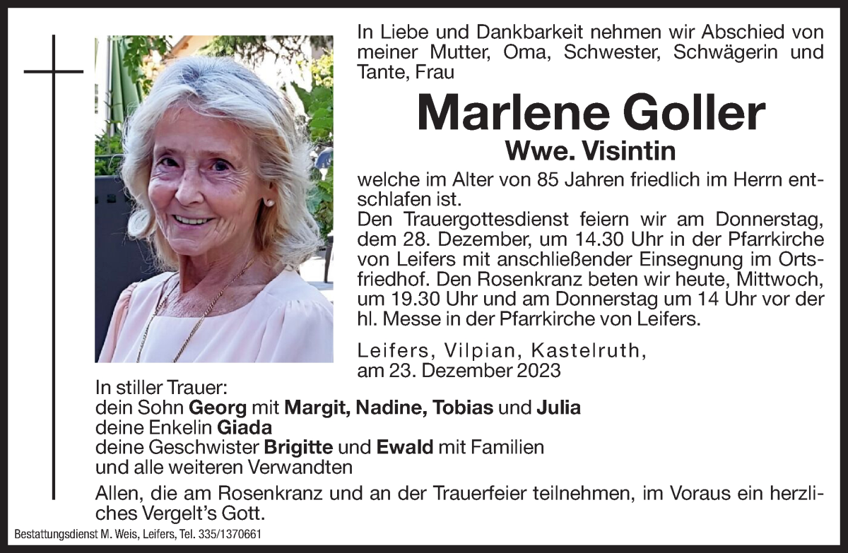  Traueranzeige für Marlene Visintin vom 27.12.2023 aus Dolomiten