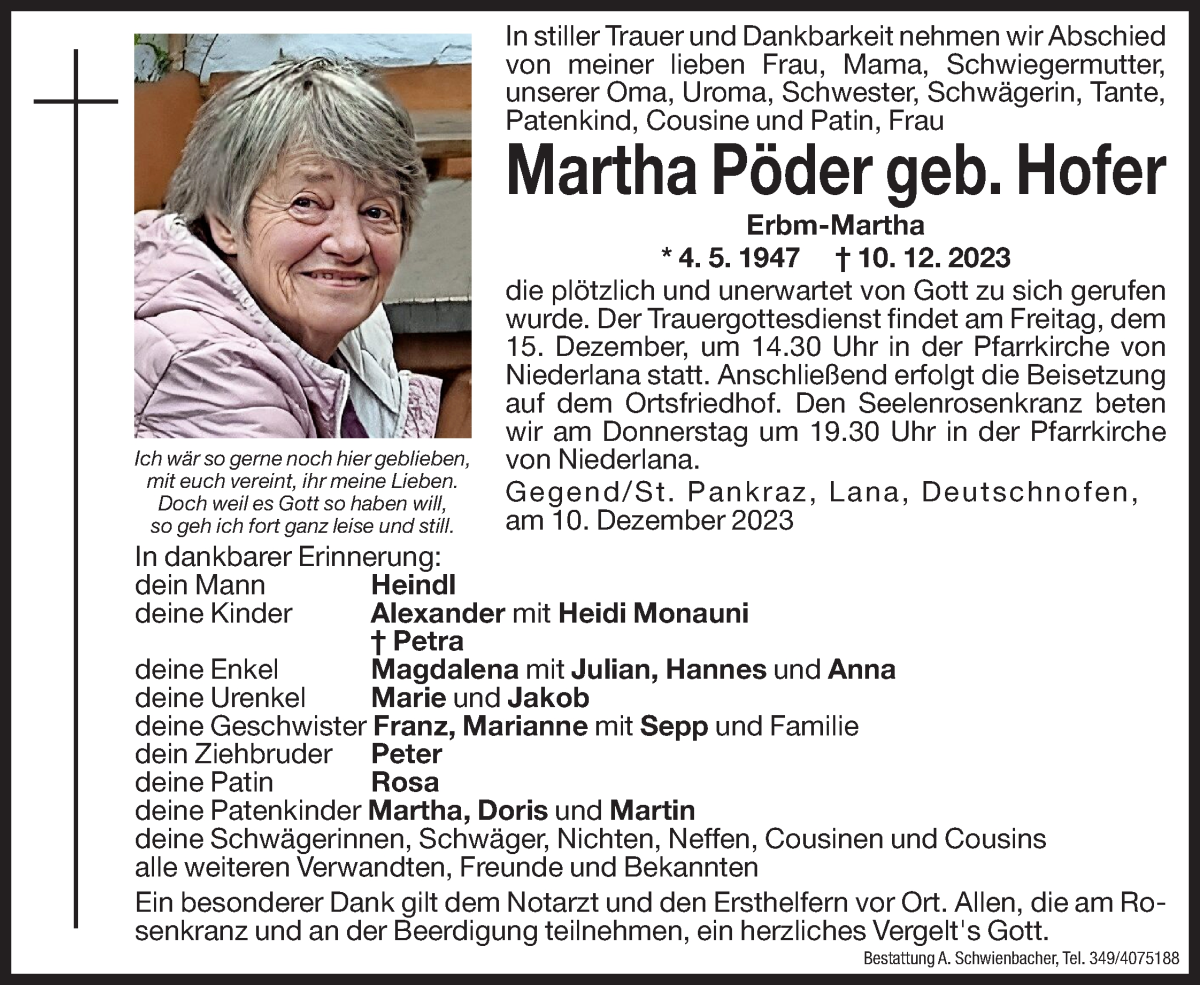  Traueranzeige für Martha Pöder vom 12.12.2023 aus Dolomiten