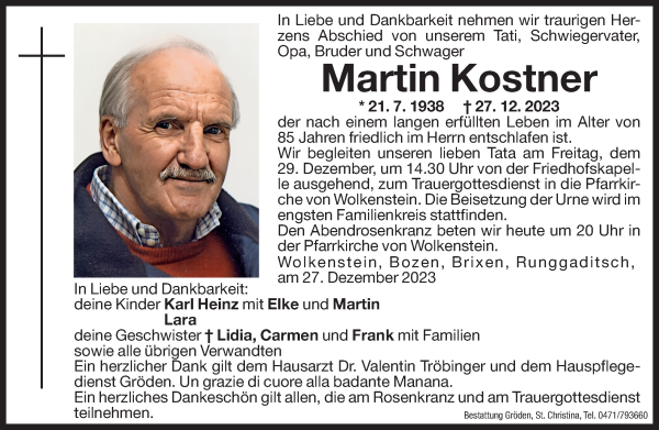 Traueranzeige von Martin Kostner von Dolomiten