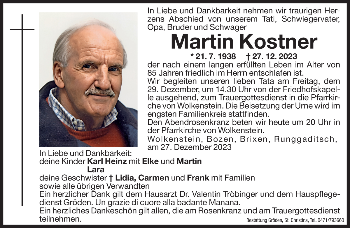  Traueranzeige für Martin Kostner vom 28.12.2023 aus Dolomiten