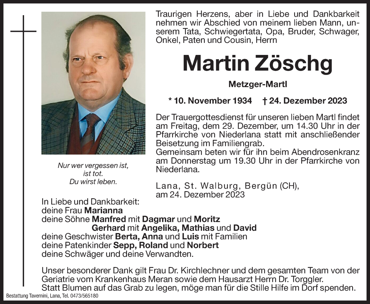  Traueranzeige für Martin Zöschg vom 28.12.2023 aus Dolomiten