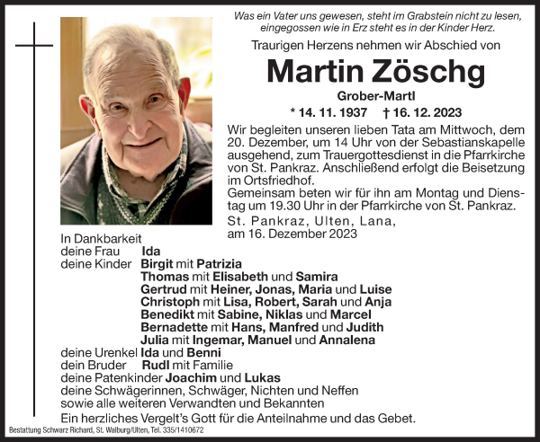 Traueranzeige von Martin Zöschg von Dolomiten