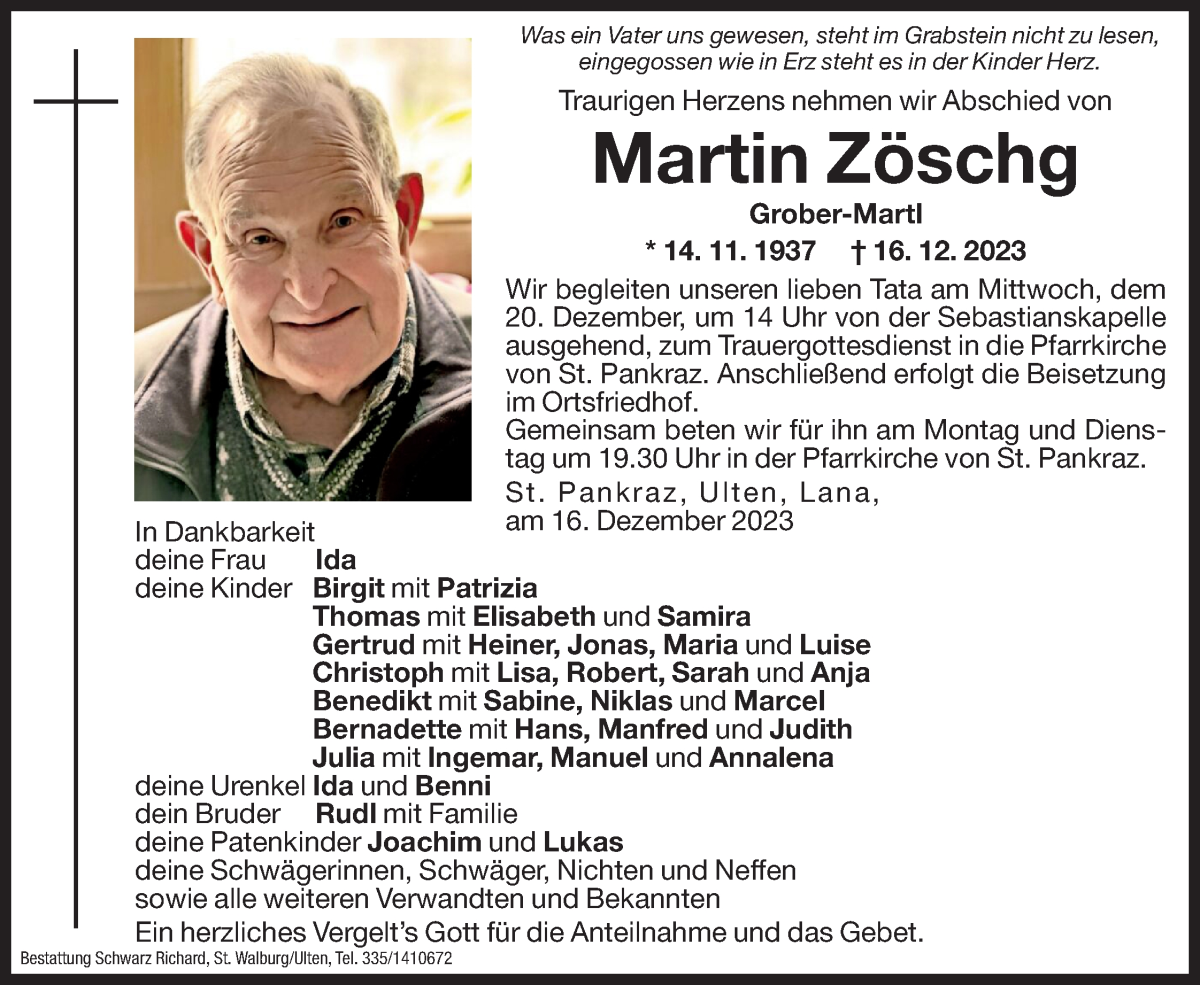  Traueranzeige für Martin Zöschg vom 18.12.2023 aus Dolomiten