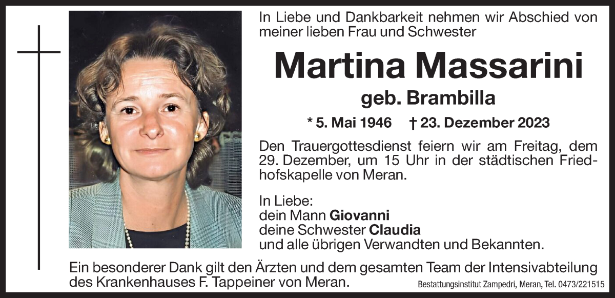  Traueranzeige für Martina Massarini vom 28.12.2023 aus Dolomiten